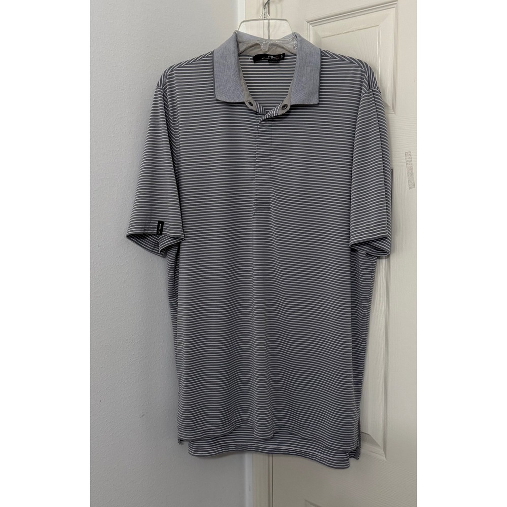 RLX Ralph Lauren Mens sz L Grey White Striped Golf Polo Shirt Short Sleeve Golf
